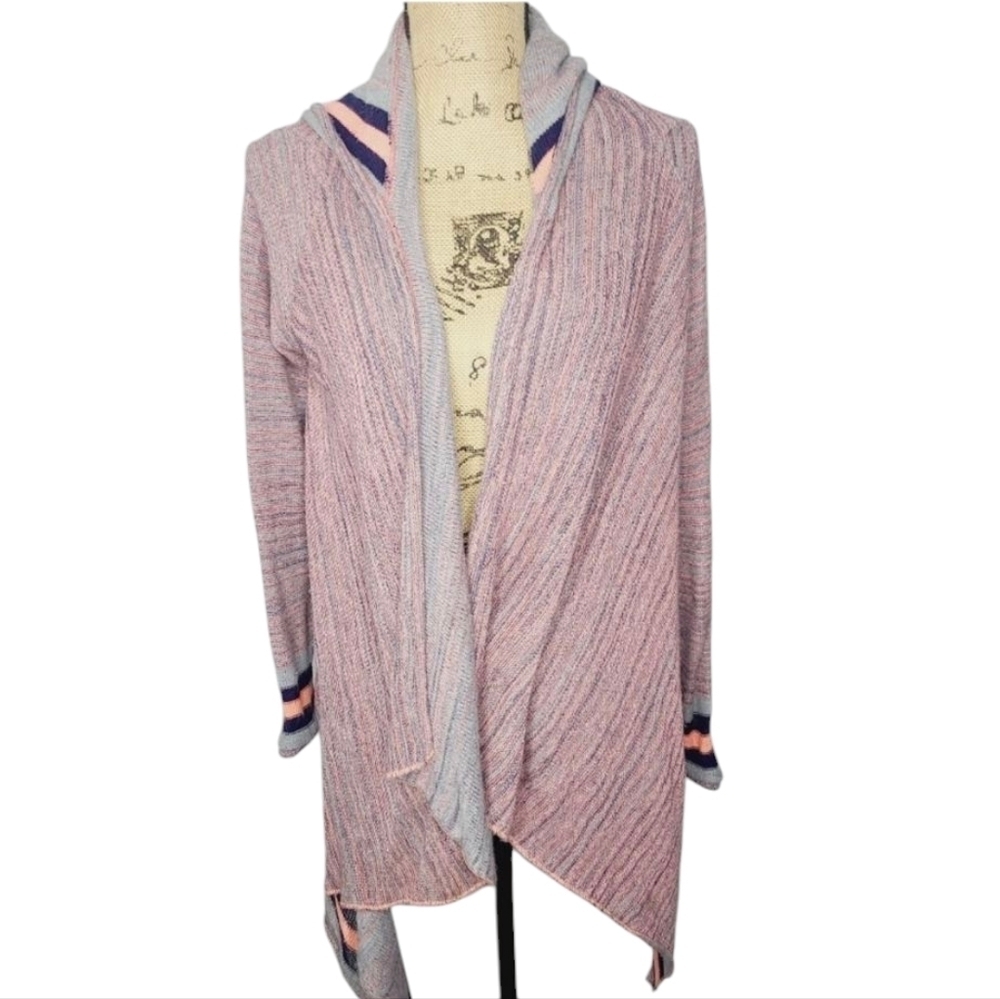 Vintage Havana Grey Neon Orange Space Dye Open Front Hooded Sweater